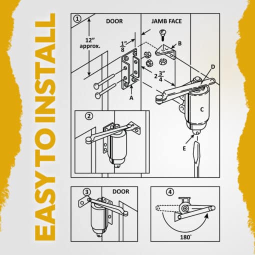 Rotary Hydraulic Roto Door Closer for Laundry & Trash Chutes – Heavy Duty Adjustable Spring Closure Kit for Screen & Storm Doors – Commercial & Residential Use – Universal Fit
